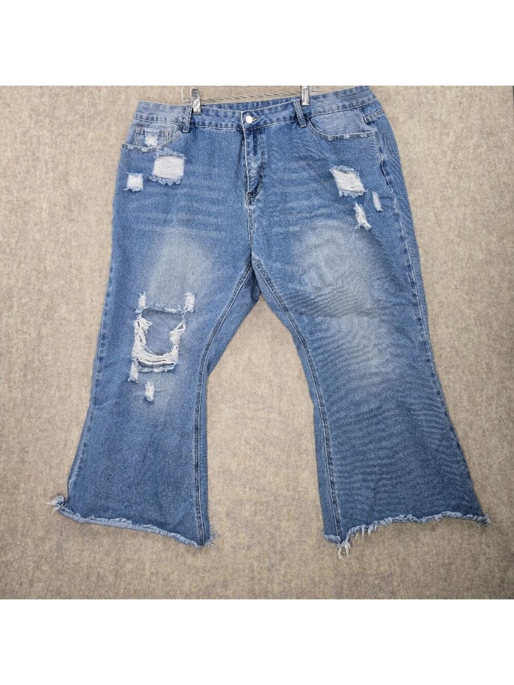 Distressed 4XL Womens Flared Denim Blue Jeans Mid-Rise Ripped High-Stretch Blend